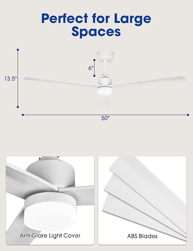 Parrot Uncle Ceiling Fans with Lights and Remote, 50 Inch White Ceiling Fan for Bedroom, Indoor Outdoor Ceiling Fans for Patios Living Room, Reversible DC Motor, 6 Speeds, Timer, Dimmable LED, ETL