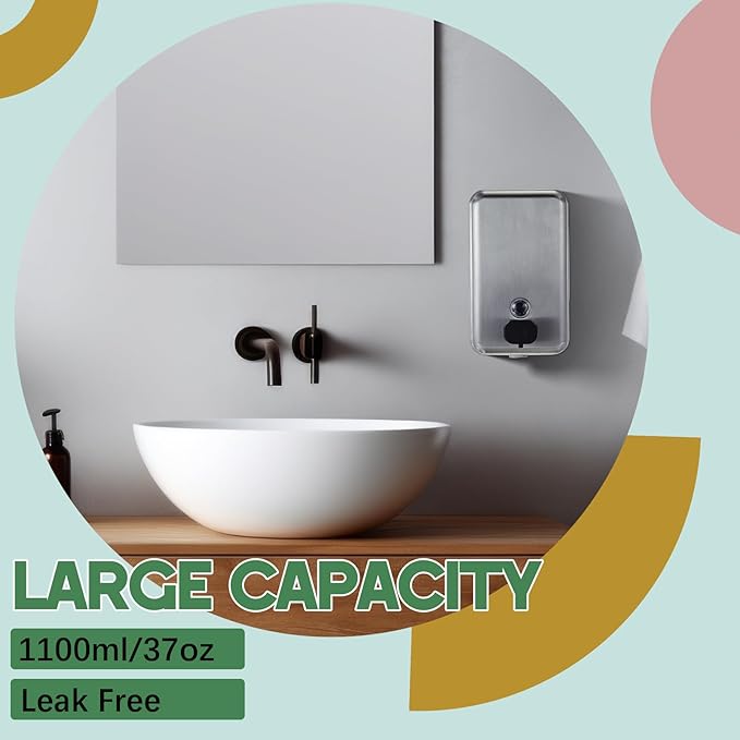 Maxdot 2 Pcs 37 OZ/1100 ML Commercial Stainless Steel Soap Dispenser Wall Mount with Manual Anti Leak Pump for Home Bathroom Accessories Kitchen
