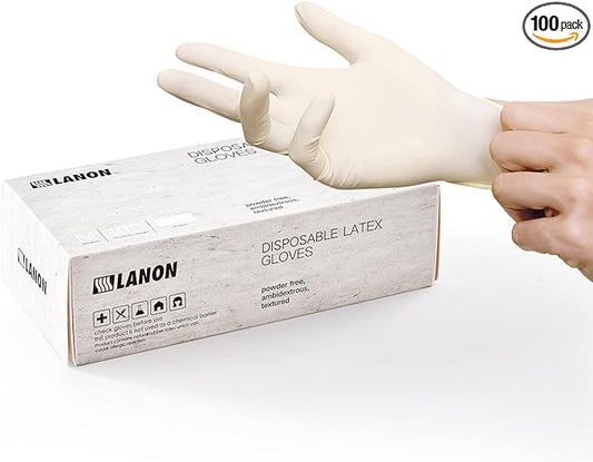 LANON 5 mil Latex Disposable Gloves, Food-Contact Grade, Powder-Free, Fully Textured, White, Medium