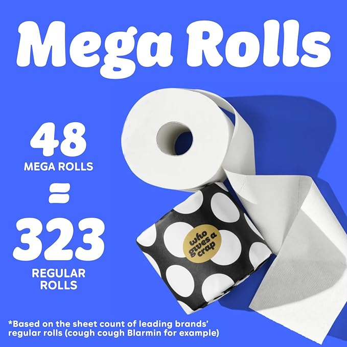 Who Gives A Crap 100% Bamboo Toilet Paper, 48 Rolls, 3 Ply, 370 Sheets, Long, Strong & Soft Toilet Tissue, Sustainable, Biodegradable, Renewable, Tree Free Bathroom Tissue Bulk Toilet Paper