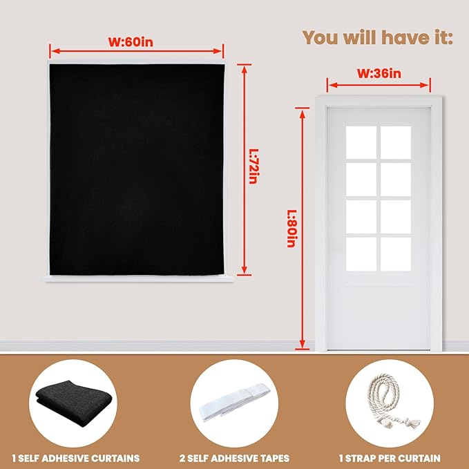 Adhesive Curtain,100% Blackout Curtains, No Drilling, Suitable for Multi-Scenes Privacy Protection (Black - W60 × L72 in)