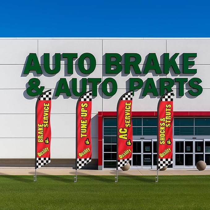 Auto Repair Shop Promotional Package of Four Feather Flag Kits Set, Comes with Four Telescopic Aluminum Pole Kits and Ground Stakes