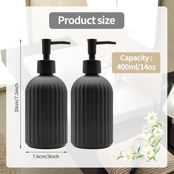 2 Pack Glass Soap Dispenser Bottle with Pump, 14 Oz Refillable Liquid Hand Jar Dispenser for Bathroom, Countertop, Kitchen, Laundry Room (Black)