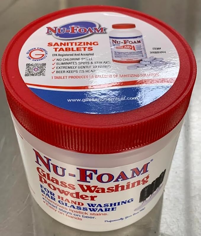 Nu-Foam Glass Washing Powder - Detergent for Bar Glassware – Original Streak-Free Solution - Hand Washing Bar, Tavern, Brewery Supplies - Concentrated 1 Lb Jar