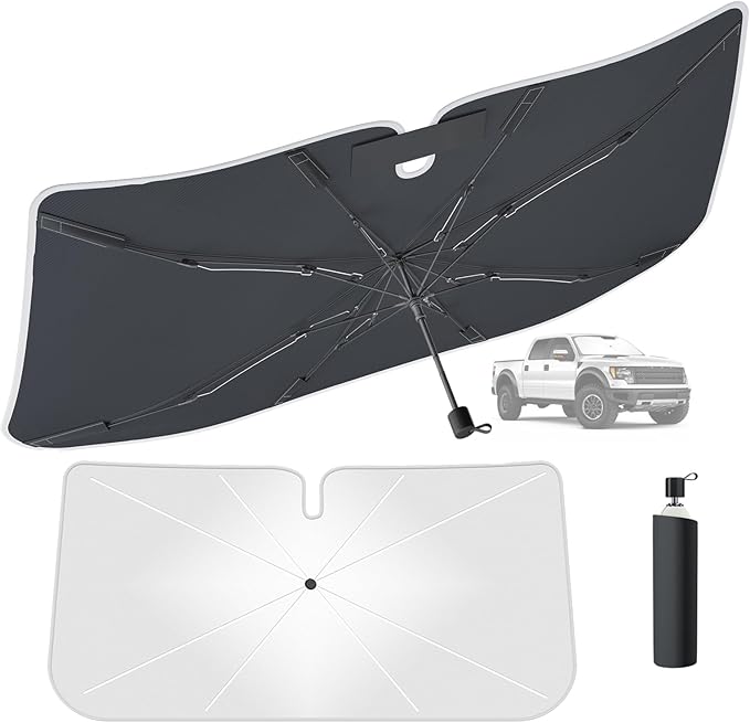 Tecoom Car Windshield Sun Shade Umbrella for Truck Full-Size SUV, Foldable Front Window Visor Sunshade Cover, Double Heat Shield Coating, Protect Automotive Interior from UV Rays, Large 61" L x 33" W