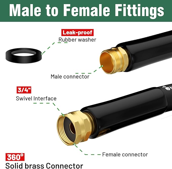 Garden Hose 25 ft x 5/8 in Heavy Duty Water Hose, Flexible and Durable, Lightweight Rubber Hybrid Hose, Leak-Free Connections, Male to Female Fittings, BT25B, Black