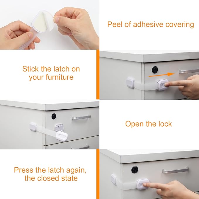 Child Safety Strap Locks 12 Pack Child Safety Locks Baby Proofing Drawers Locks Coolrunner Child Locks for Drawers, Cabinets, Dishwasher, No Tools or Drilling Required (White)