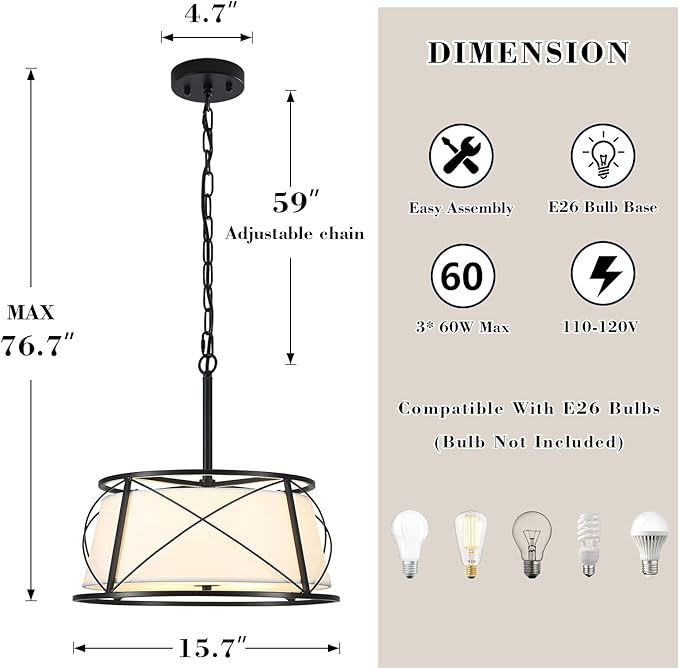 15.7" Drum Chandeliers for Dining Room, Black Modern Chandelier with White Fabric Shade for Bedroom Kitchen Islands Living Room