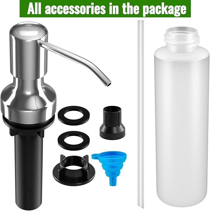 Soap Dispenser for Kitchen Sink, Kitchen Sink Soap Dispenser with 17 OZ Bottle, Refill from The Top Bar, Longer Threaded Shaft Shank, Wide Pump Head Base (Chrome)