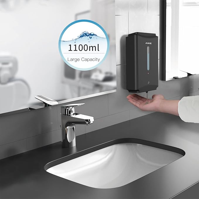 AIKE Automatic Soap Dispenser Commercial Wall Mounted Liquid Dispenser Matte Black Finish 1100ml Large Capacity