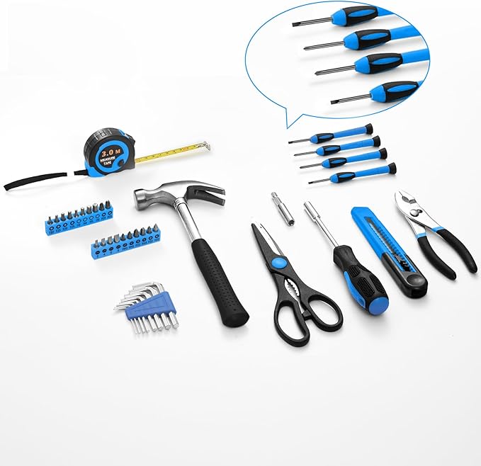 39 Piece Basic Home Tool Set Household Tool Set General Repair Small Hand Tool Kit in Toolbox Storage Case for Home Garage Office College Dormitory Use, Blue