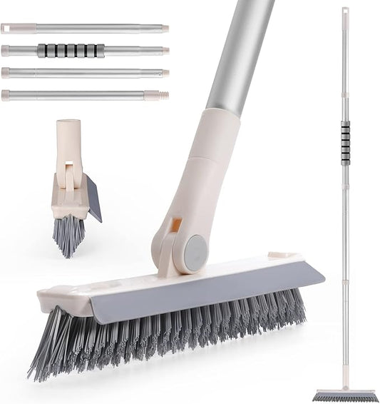 Grout Brush with Long Handle, 2 in 1 V-Shaped Floor Scrub Brush for Cleaning, Bathroom, Garage, Wall, Patio, and Tile, Stiff Bristle Brush with 54'' Telescopic Handle