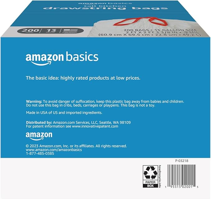 Amazon Basics Trash Bags, Tall Kitchen Drawstring, Unscented, 13 Gallon, 200 Count, Pack of 1