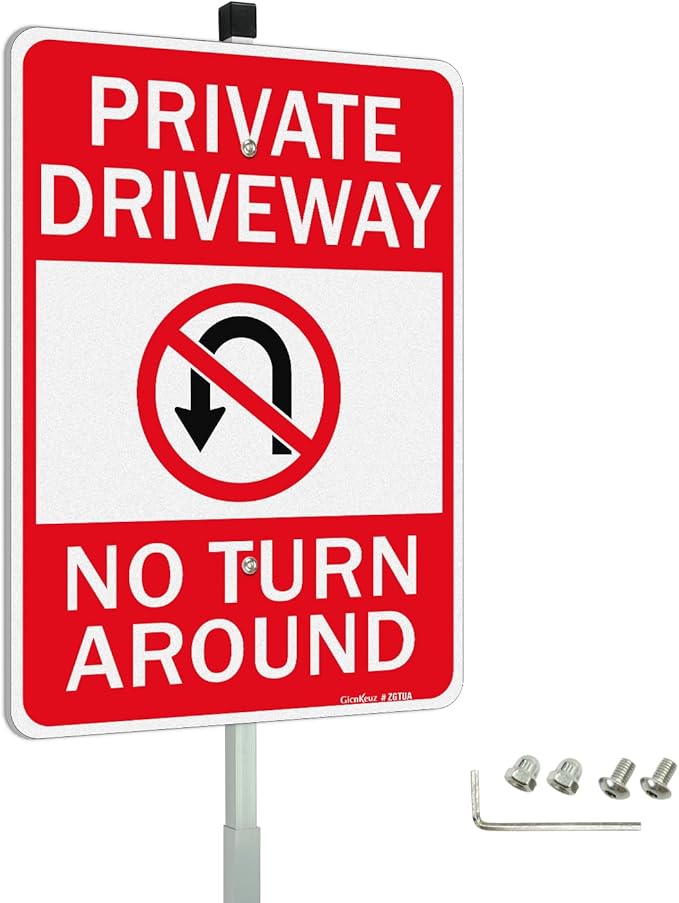 GicnKeuz Private Driveway No Turn Around with 36" Metal Stake Signs, 14 x 10 Inches Reflective Aluminum Signs, Fade Resistant/Waterproof, Easy to Install, Outdoor Use （1 Pack）