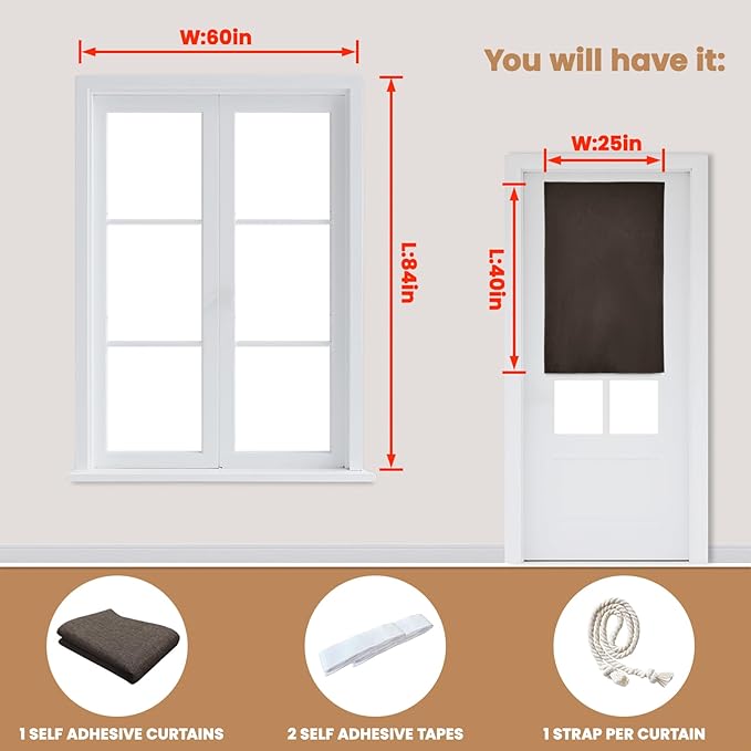 100% Blackout French Door Curtain,Adhesive, No Drilling Required,Small Curtains Designed for Installation On Doors (Dark Coffee - W25 × L40 in)