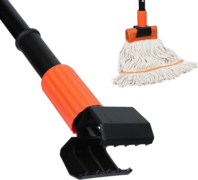 (1PK) Commercial Mop Handle Heavy Duty with Jaw Clamp Industrial Steel Mop Stick with 58” Long Handle Wet Mop Handle Gripper-Savety Orange