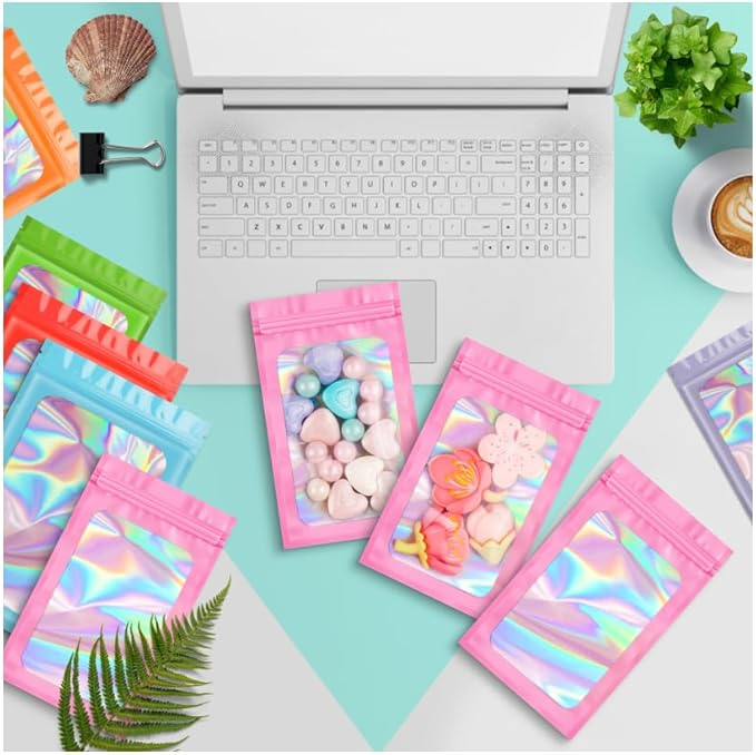 Funfery 100 pcs Pink Smell Proof Mylar Holographic Bags Packaging Bags,2.4x3.9Inch Clear Resealable Odor Proof Bag Foil Pouch Bag for Food Storage,Lipgloss,Jewelry,Eyelash Packaging Small Business
