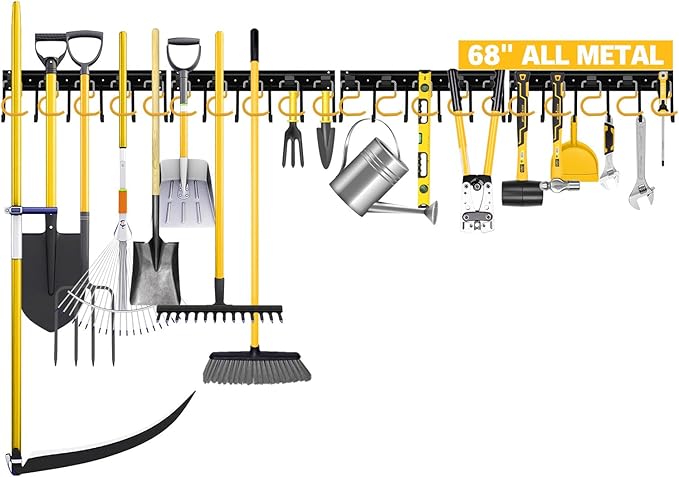 ELEAD 68'' All Metal Adjustable Garden Tool Organizer: Garage Tool Organizer Wall Mount with Yellow Hooks, Garage Organizers and Storage, Tool Hangers for Shed