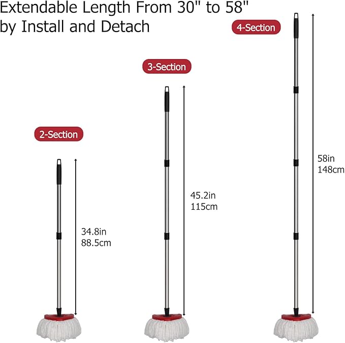 Qulable Spin Mop Replacement Handle - 4-Section 30" to 58" Mop Handle Replacement Stick Compatible with O-Ceda Spin Mop, EasyWring Mop Handle for Floor Cleaning(Mop Head&Base not Include) (Black)