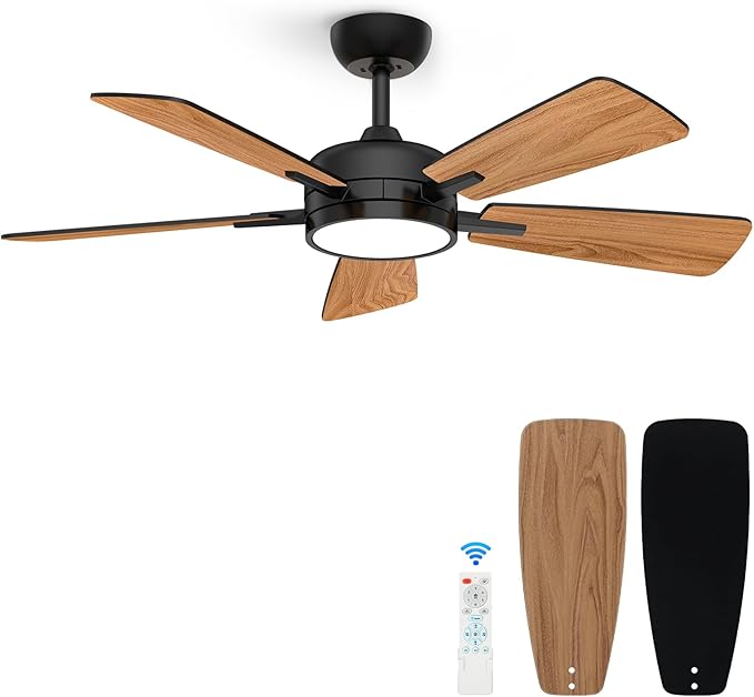 ocioc 46 Inch Ceiling Fans with Lights, Large Air Volume Ceiling Fan with Night Light, Ultra Quiet Reversible DC Motor Dimmable with Remote（Black）