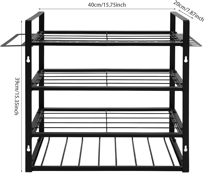 4-Tier Heavy Duty Tool Organizer Rack, Wall Mounted Tool Holder with Hooks, 132 lbs Capacity Carbon Steel Garage Storage Rack for Garages, Workshops, Repair Shops, Black