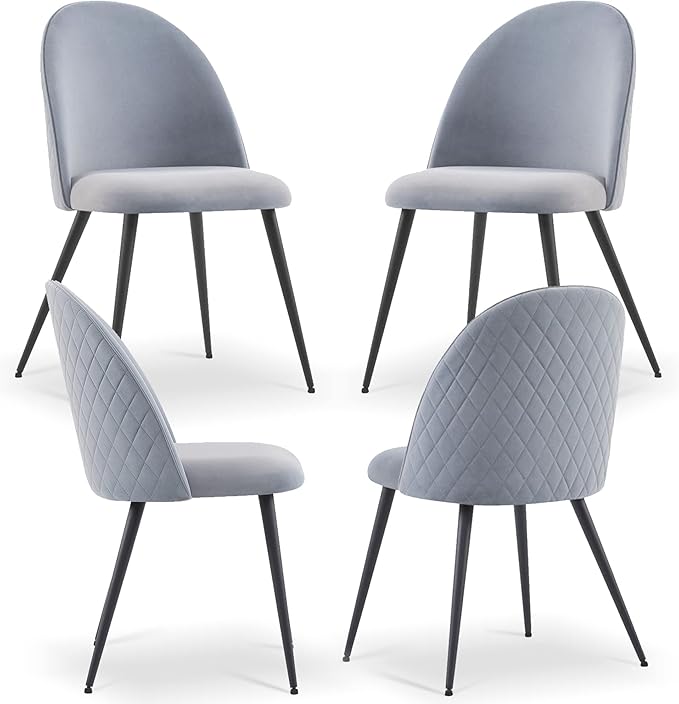 Upholstered Dining Chair Set of 4,Modern Kithen Velvet No Arms Home Ergonomic High-Back Vanity Elegant Accent with Black Metal Legs for Any Decor,Grey, 4*Chair,