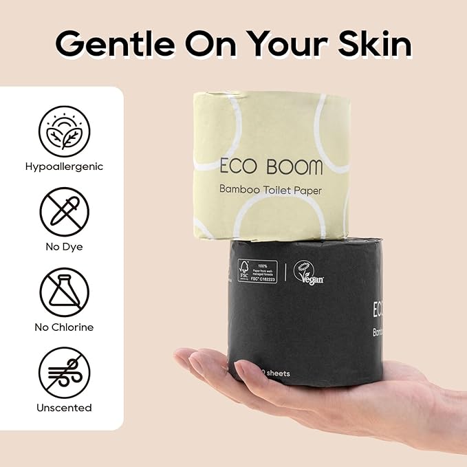 ECO BOOM Toilet Paper 100% Bamboo 3-fly, Tree Free & Chemical Free Packaging, 24 mega Rolls, 360 Sheets｜PFAS Free, BPA Free, Septic Safe & FSC Certified