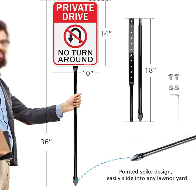 GicnKeuz Private Driveway No Turn Around Signs with 36" Heavy Duty Metal Stakes, 14"x10" .040 Aluminum Reflective Signs, Fade Resistant/Waterproof, Including Screws, Easy to Install, Outdoor Use (2 Pack)