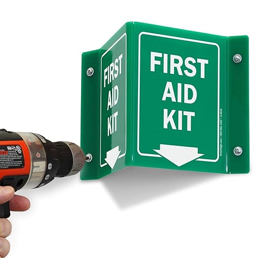 SmartSign First Aid Kit Projecting Sign with Down Arrow - 5" x 6", V-Shaped Acrylic Sign for Hallway, Corridor, Green and White, Made in USA