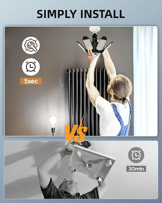 Adiding Rotatable LED Garage Light 4 Pack, 48000Lm Super Bright Basement Lighting Fixture w/ 6 Adjustable Panels Screw in E26 E27 Bulb Base for Workshop Attic Barn Ceiling Warehouse Gym Utility