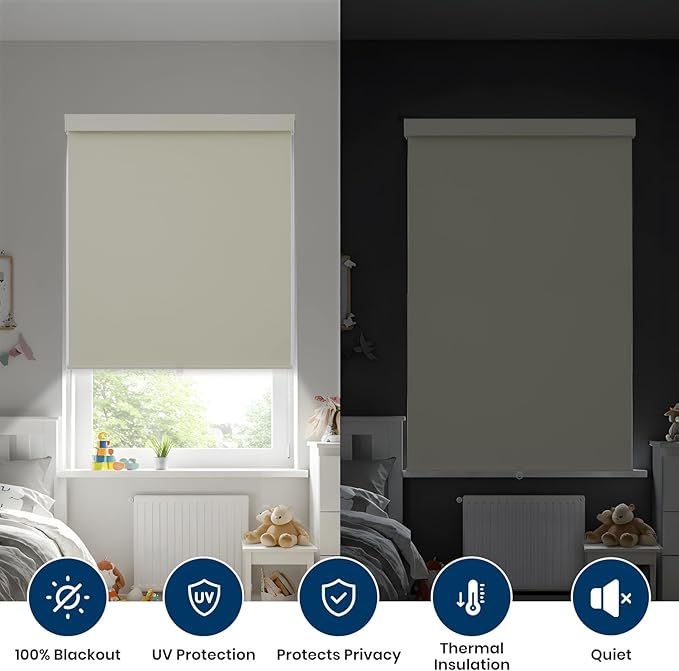 100% Blackout Roller Shades Cordless Blinds for Indoor Windows,Free-Stop Window Shades Pull Down,Thermal Insulated Fabric UV Protection,Blackout Window Guard Blinds for Home,Office,Ivory,30" W x 72" H