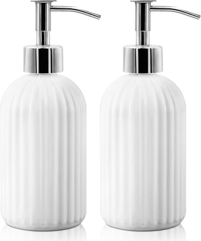 2 Pack Glass Soap Dispenser Bottle with Pump, 14 Oz Refillable Liquid Hand Jar Dispenser for Bathroom, Countertop, Kitchen, Laundry Room (White)