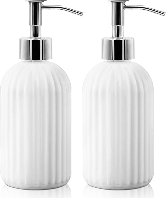 2 Pack Glass Soap Dispenser Bottle with Pump, 14 Oz Refillable Liquid Hand Jar Dispenser for Bathroom, Countertop, Kitchen, Laundry Room (White)