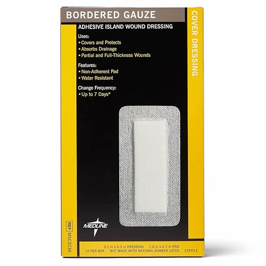 Medline Sterile Bordered Gauze, 3" x 6" with 1.5" x 4" Pad (Pack of 15)