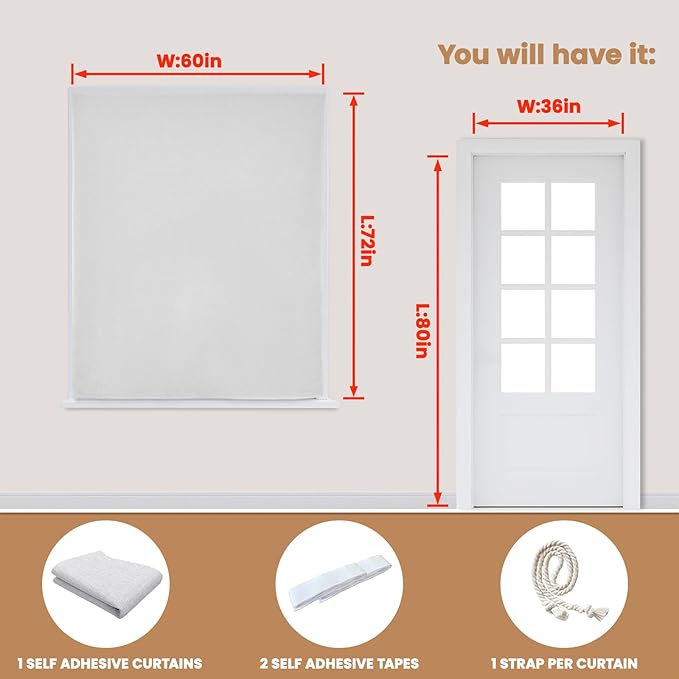Adhesive Curtain,100% Blackout Shades,No Rod,Easy to Install,Provides Privacy Protection for Bedrooms (Grayish White - W60 × L72 in)