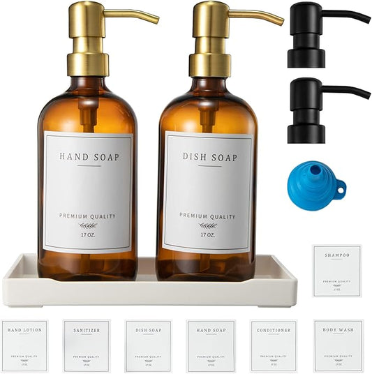 Glass Soap Dispenser for Kitchen Sink,Farmhouse Kitchen Dish Soap Dispenser&Hand Soap Dispenser Set,Rustproof Pump Bathroom Soap Dispenser with Tray,Waterproof Label for Kitchen Decor(Amber