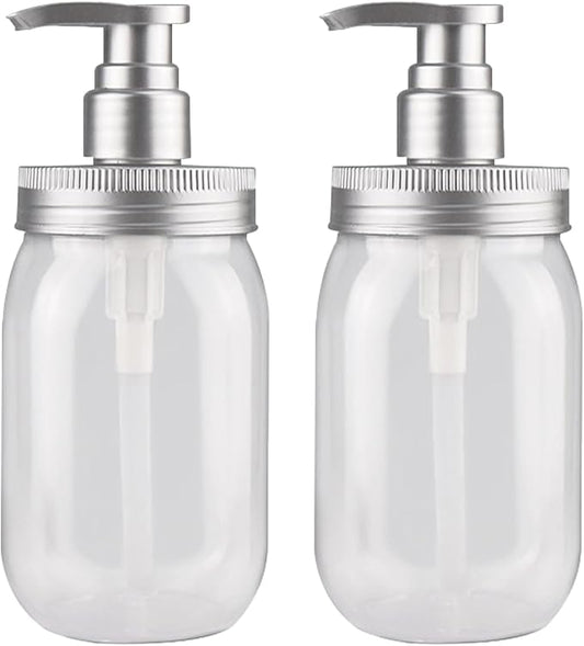 Qeuly 16oz Soap Dispenser, 2 Pack Plastic Pump Bottle Dispenser, Refillable Wide Mouth Jar Style Bathroom/Kitchen Containers for Shampoo, Conditioner, Body Wash, Lotion, Hand Soap & Dish Soap