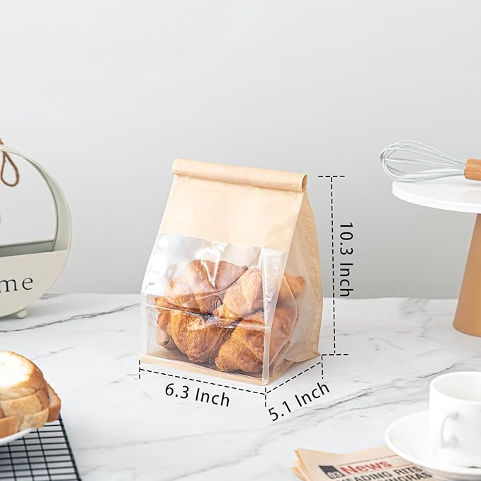 100 Pcs Bread Bags for Homemade Breads with Window, 6.3 x 5.1 x 10.3 Inch Tin Tie Tab Lock Resealable Bakery Loaf Bags for Packaging Sourdough Bread, Cookies, Bagels, Pastry
