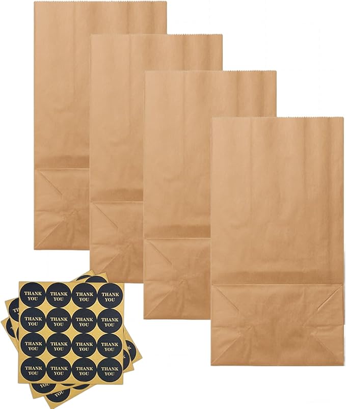 Bakepacker 100 Pcs Brown Treat Paper Bags with 100 Stickers 5.1"x3.1"x9.4" Kraft Small Party Gift Bag Snack Bag without Handle