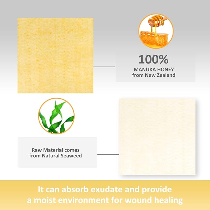 Dr. Med Manuka Honey Calcium Alginate Dressing 2"x2" (10 PCS/Box), Highly Absorbent dressings with Honey for Abrasions, Burns, Diabetic Foot, Pressure Sores and Venous Ulcers Faster Wound Care