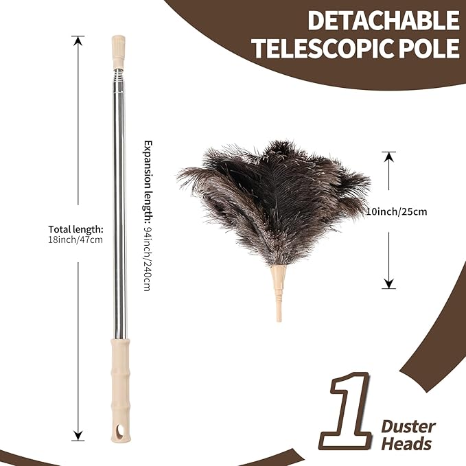 Ostrich Feather Duster 27-94Inch Retractable Fluffy Natural Detachable Ostrich Feather Duster Used for Household Cleaning and High-Altitude Cleaning (1PCS)