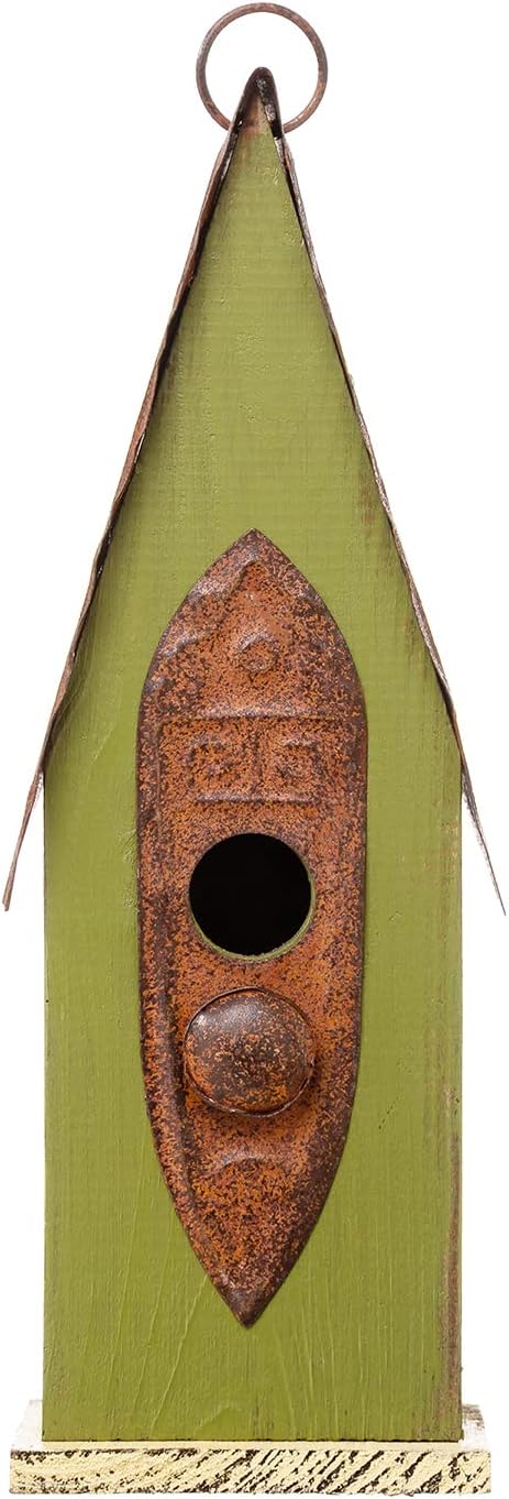 Glitzhome Distressed Green Solid Wood Birdhouse Hand Painted Hanging Bird House for Outdoors 13.25" H