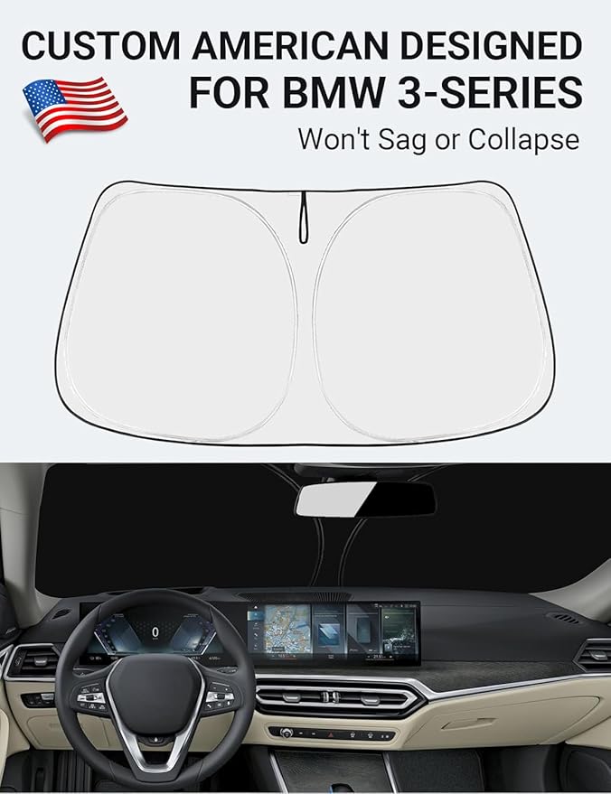 Proadsy 2025 Upgrade Windshield Sun Shade Custom Fit 2019-2024 2025 BMW 3-Series 4-Layer Foldable Front Sunshade Protector Sun Visor Blocks UV Rays Keep Car Cooler