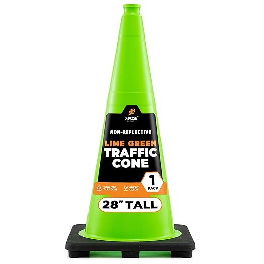 Xpose Safety 28” Lime Green Traffic Cone - 1 Pack - Premium PVC Safety Cone for Parking, Caution, Construction, Road Crews, Emergency Vehicle - DOT Approved