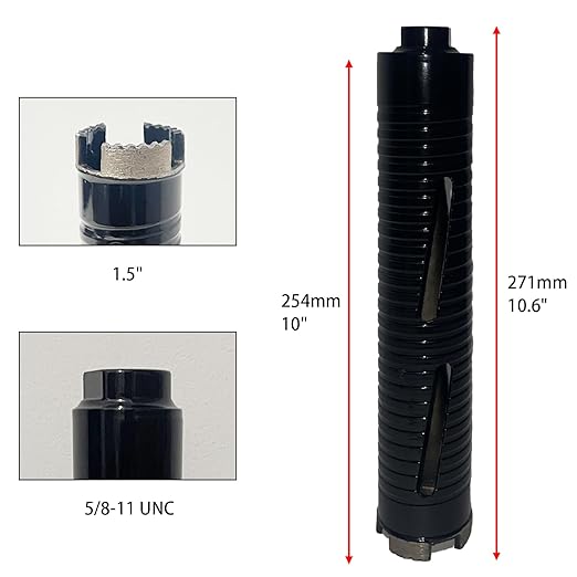 1 1/2 inch Dry Core Drill Bits 10in/254mm Drilling Depth， 5/8-11" Thread，10mm Diamond Segment Height，2 Adapters