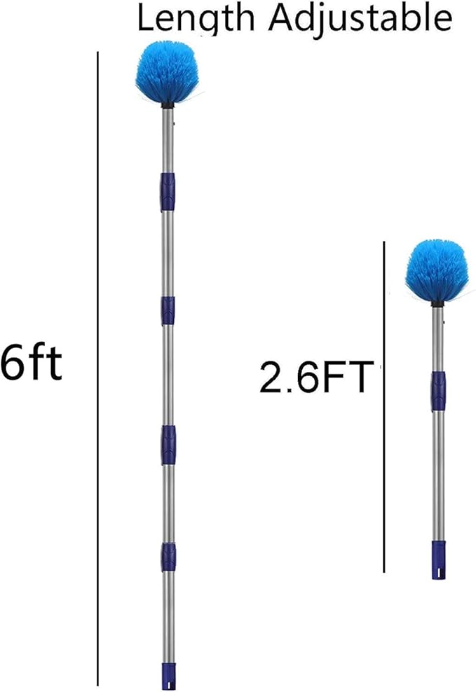 Cobweb Duster with Pole, 6ft Stainless Steel Pole Cobweb Brush with Medium-Stiff Bristles for Walls Beams Shelves Iight Fixtures and Window Screens