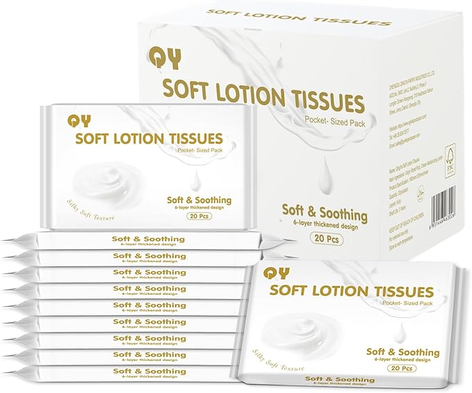 Facial Tissues with Lotion, 20-Pack Ultra Soft 6-Ply,Travel Size Multipack Pocket Tissue, Hypoallergenic for Sensitive Skin and Babies, On-The-Go for Car, Purse, Office (20 Count-Pack of 20)