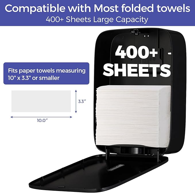 Paper Towel Dispenser Wall Mount with Lock – Fits 400+ Multifold/Trifold/Z-Fold/C-Fold Towels – Large Paper Towel Holder for Bathroom, Kitchen, Office, Home or Business (Black)