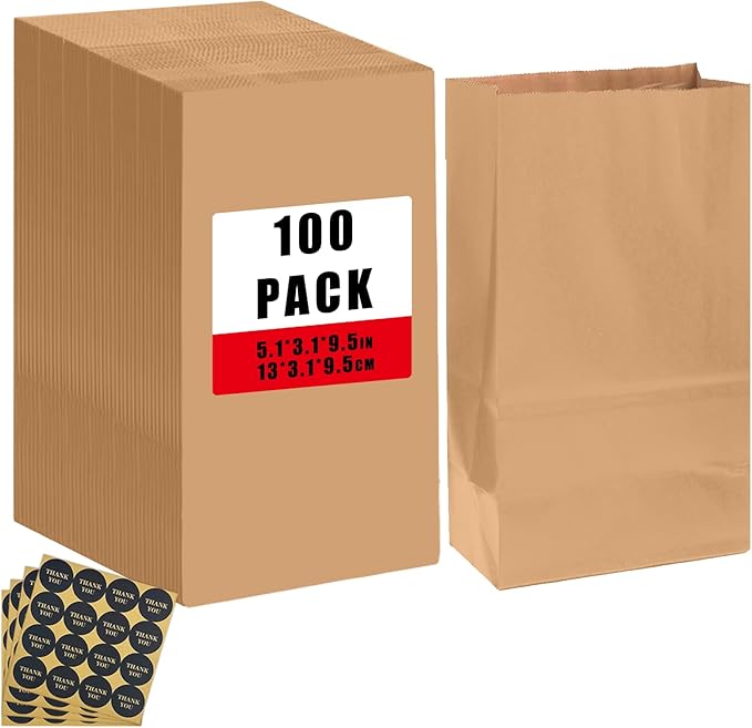 Bakepacker 100 Pcs Brown Treat Paper Bags with 100 Stickers 5.1"x3.1"x9.4" Kraft Small Party Gift Bag Snack Bag without Handle