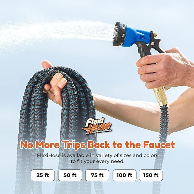 Flexi Hose with 8 Function Nozzle, 150FT - Lightweight Expandable Garden Hose, No-Kink Flexibility, 3/4 Inch Solid Brass Fittings and Double Latex Core